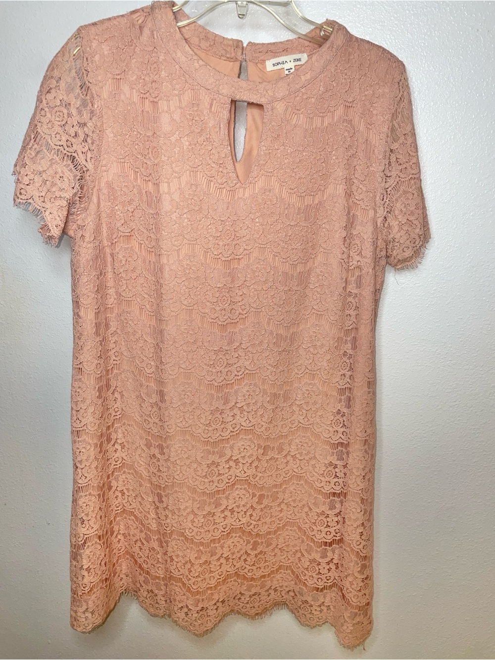 Peach Lace Shift Dress with Keyhole Detail